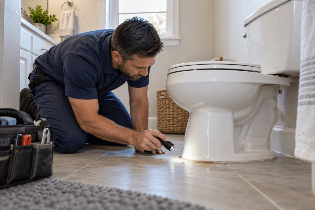 Plumber checking for moisture around the base of a toilet in a home bathroom