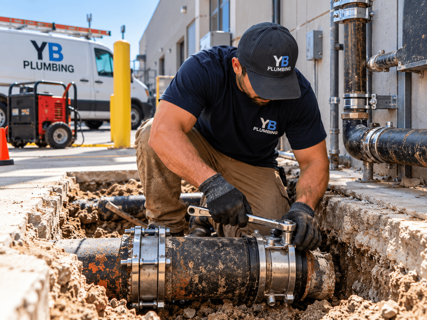 YB Plumbing technician repairing a large commercial pipe outside a Houston business.