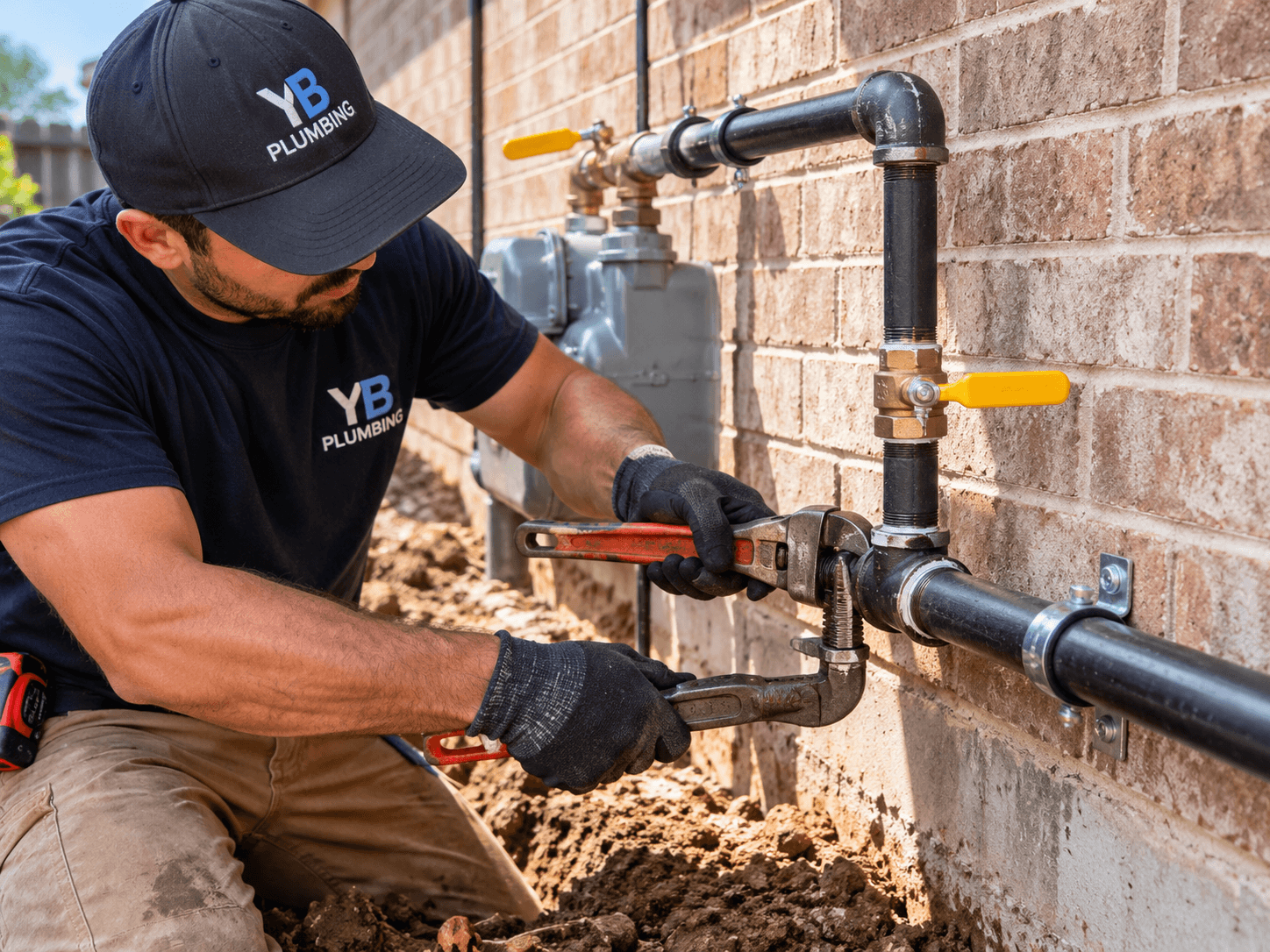 YB Plumbing technician installing and tightening new black iron gas piping outside a Houston home.