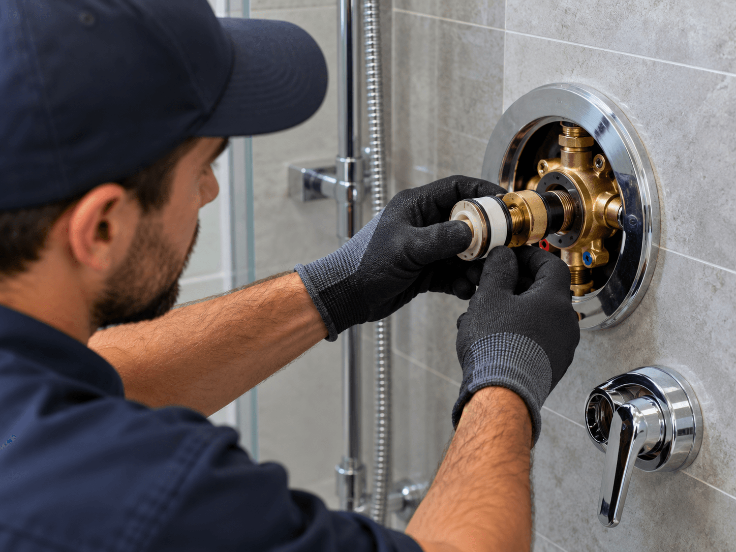 Plumber removing and replacing a shower valve cartridge in a tiled bathroom.