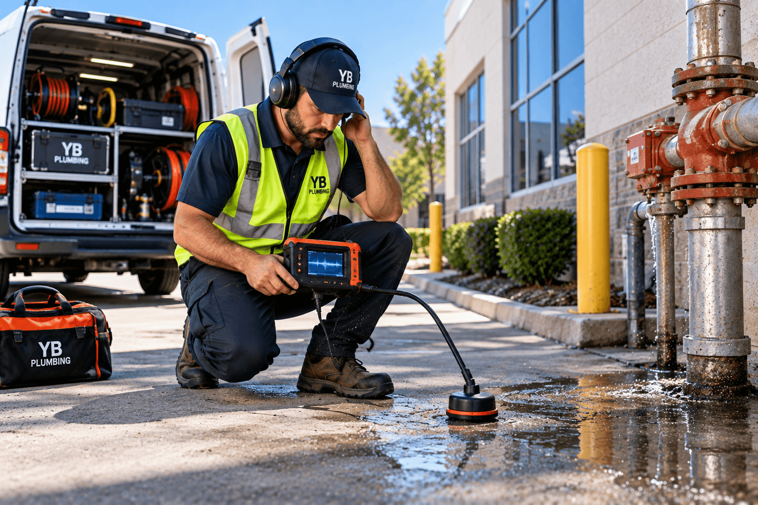 YB Plumbing technician performing commercial leak detection in Houston