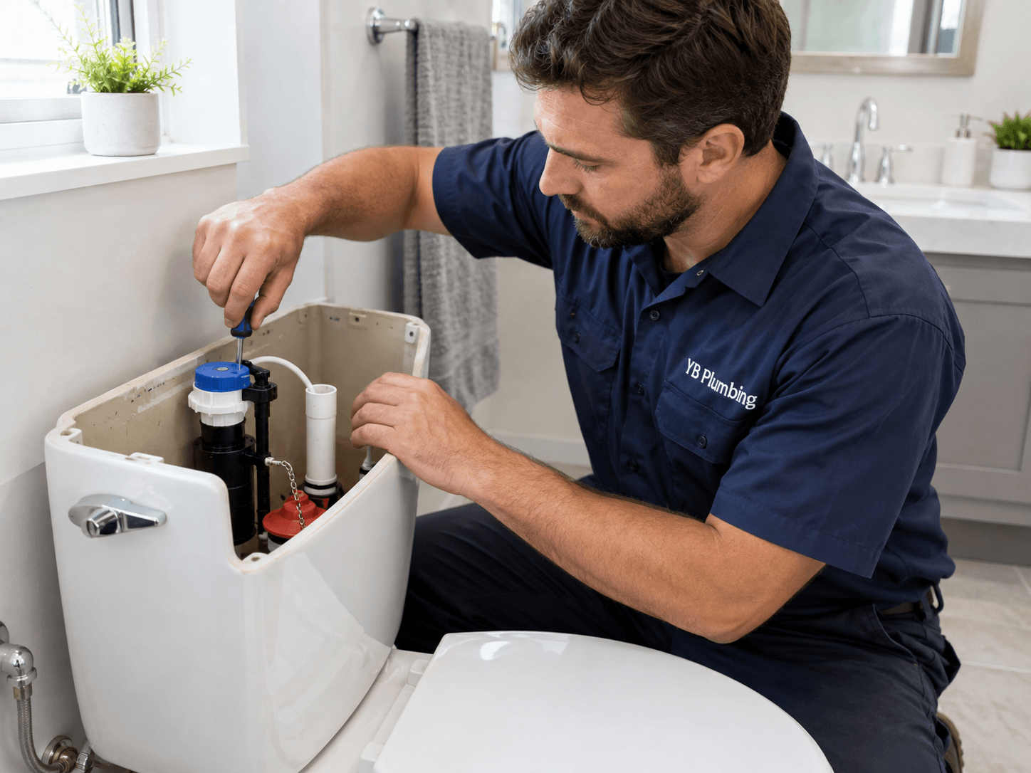 Plumber inspecting and repairing a running toilet in a residential bathroom.