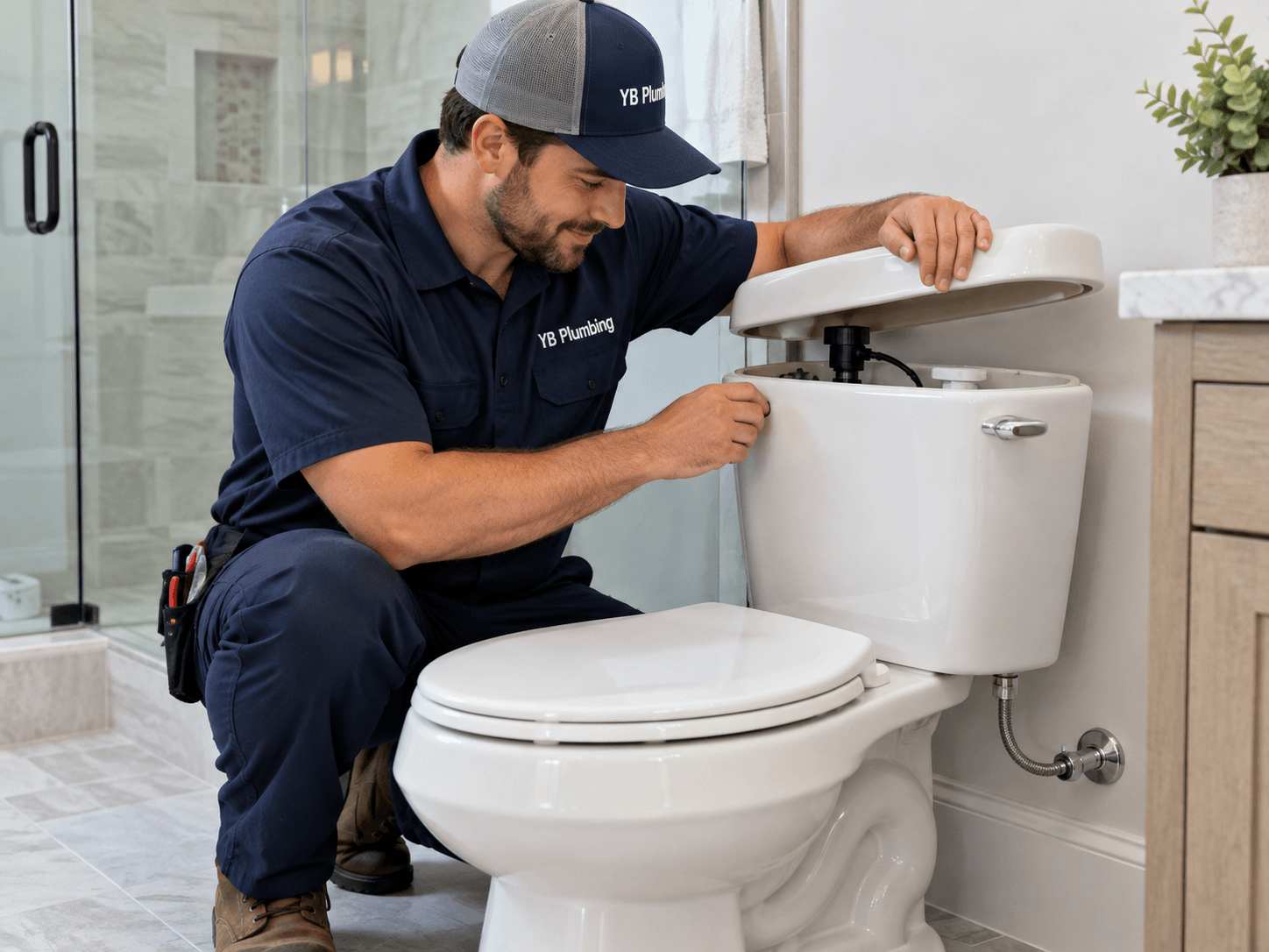 Plumber repairing the fill valve and flapper inside an open toilet tank.