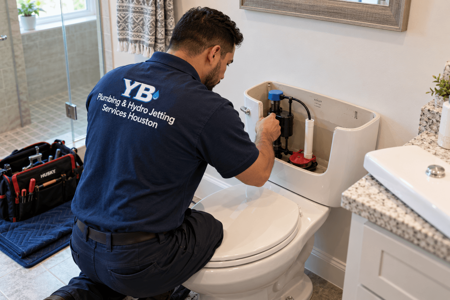 YB Plumbing & Hydro Jetting Services Houston plumber inspecting the fill valve inside an open toilet tank.