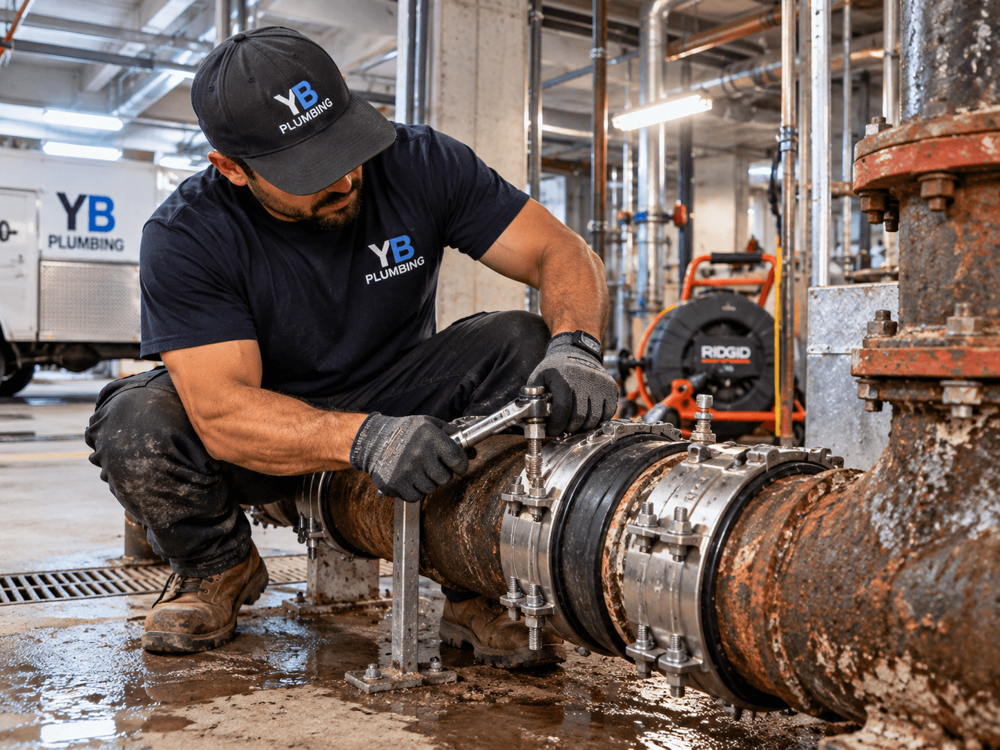 YB Plumbing technician repairing corroded commercial piping inside a mechanical room.