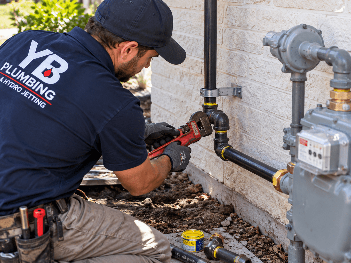 YB Plumbing technician replacing residential gas piping near a gas meter and exterior wall.
