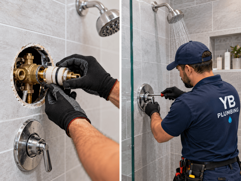 YB Plumbing technician servicing a shower mixing valve and testing the shower after repair.