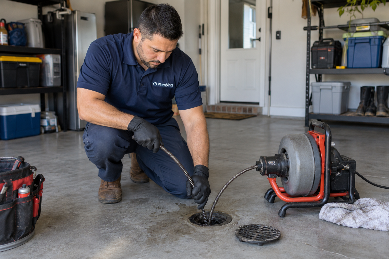 cleaning a residential garage floor drain in Houston