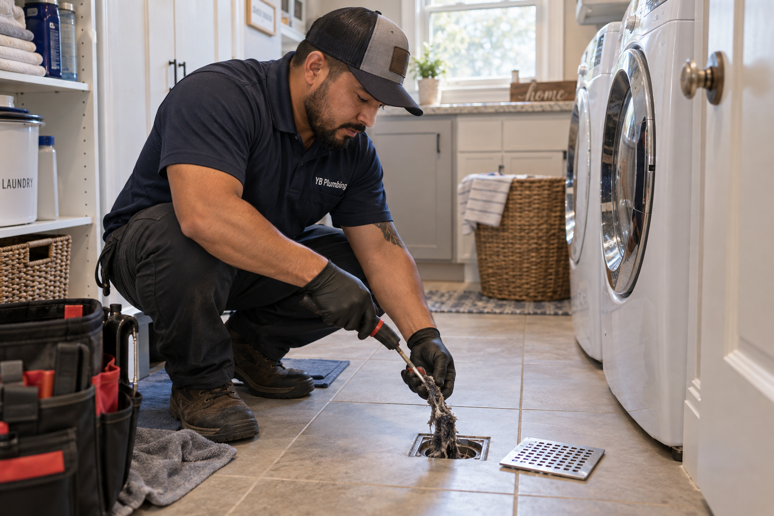 YB Plumbing technician clearing a residential laundry room floor drain in Houston