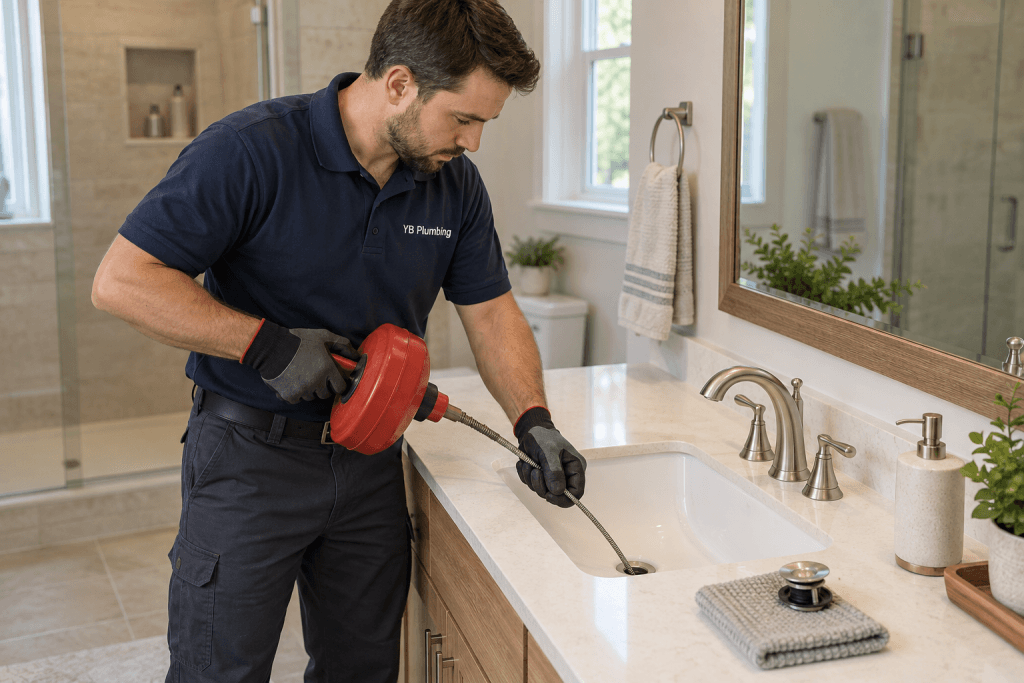 Plumber guiding a hand auger cable into a bathroom sink drain