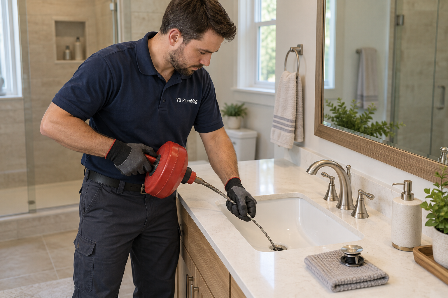 Plumber guiding a hand auger cable into a bathroom sink drain