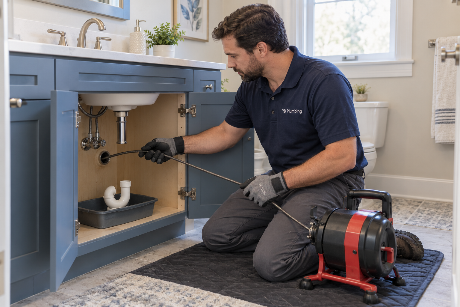 Plumber clearing a bathroom drain through an exposed pipe inside the vanity cabinet