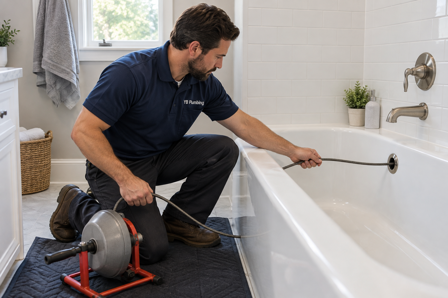YB Plumbing technician clearing a bathtub drain with a drain snake