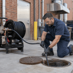 Plumber using hydro jetting equipment to clean a sewer line outside a restaurant