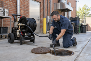 Plumber using hydro jetting equipment to clean a sewer line outside a restaurant