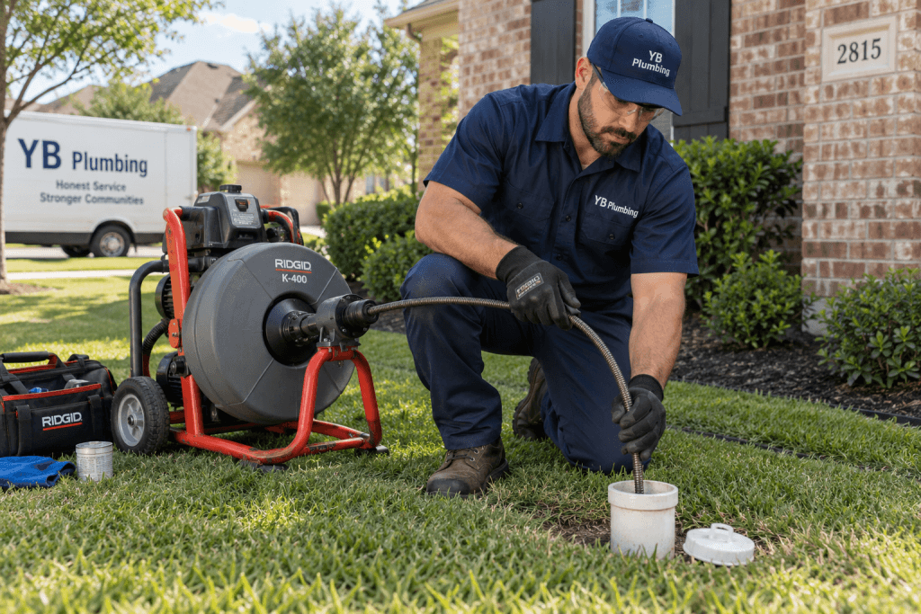 YB Plumbing technician using a drain cleaning machine at an outdoor main sewer cleanout