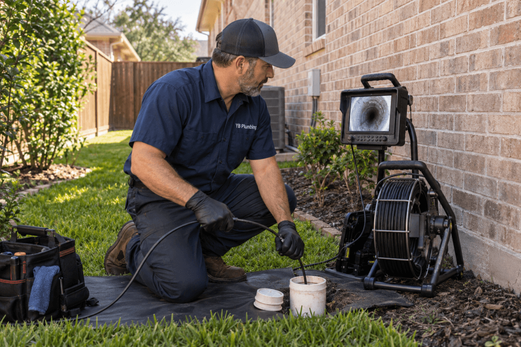 YB Plumbing technician inspecting a main drain with a sewer camera beside a home