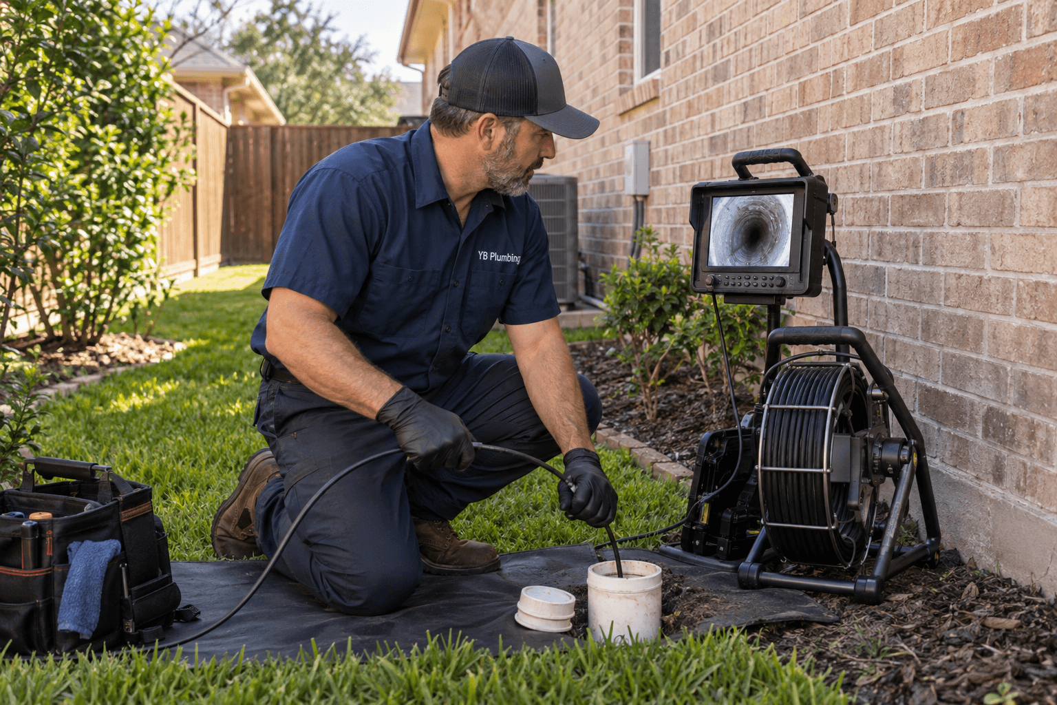 YB Plumbing technician inspecting a main drain with a sewer camera beside a home