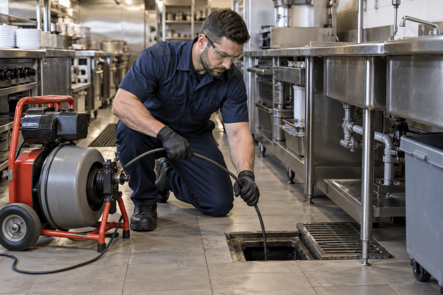 Plumber cleaning a floor drain in a commercial kitchen