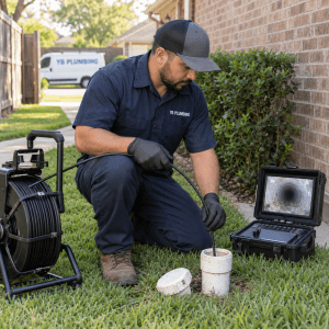 YB Plumbing technician performing a sewer camera inspection through a residential cleanout after multiple drains backed up.