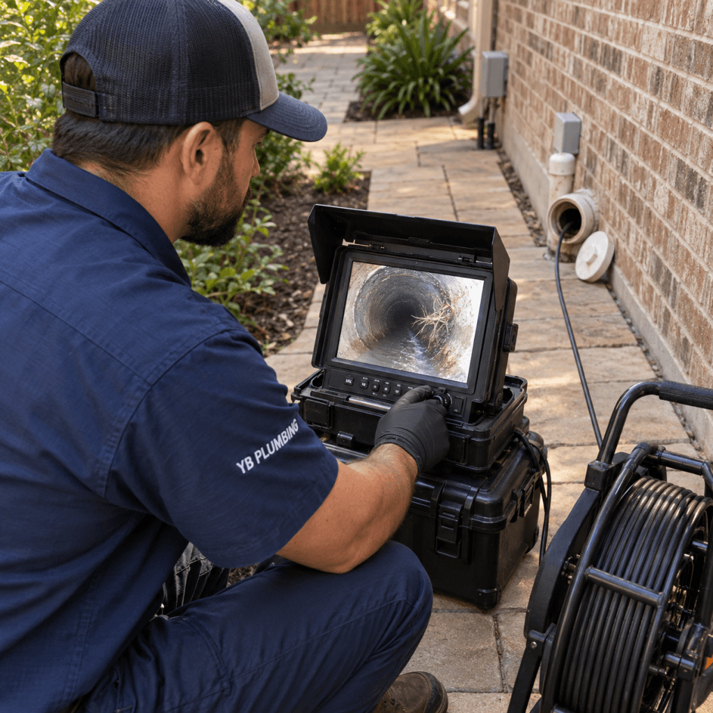 YB Plumbing technician reviewing sewer camera footage while diagnosing a toilet that gurgles when the washing machine drains.