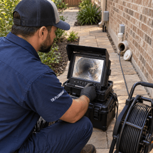 YB Plumbing technician reviewing sewer camera footage while diagnosing a toilet that gurgles when the washing machine drains.