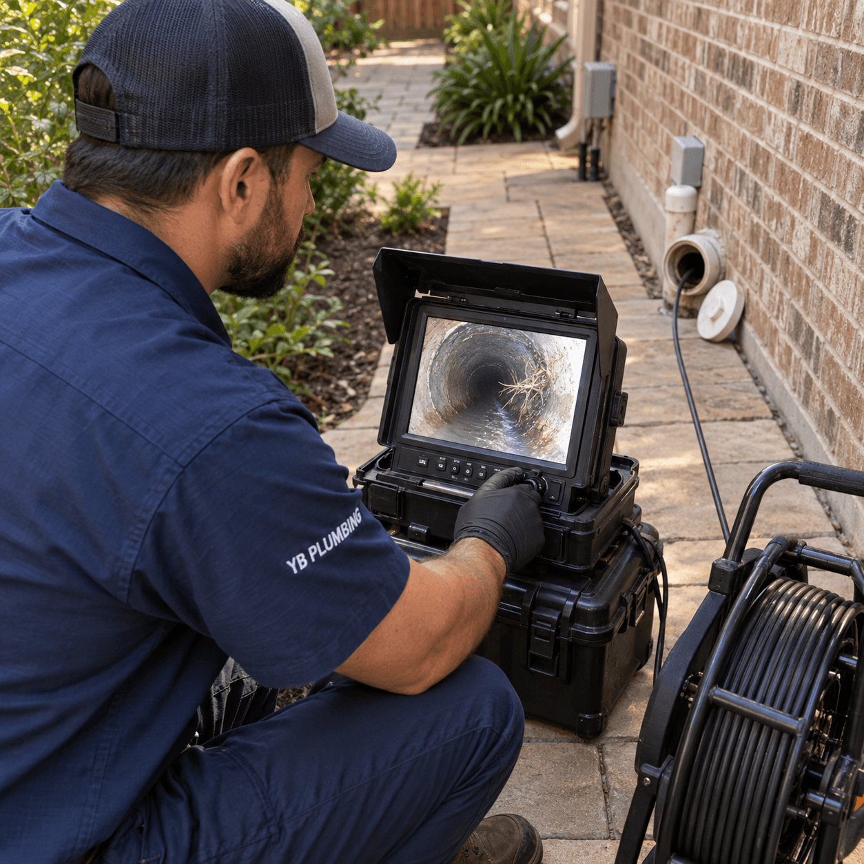 YB Plumbing technician reviewing sewer camera footage while diagnosing a toilet that gurgles when the washing machine drains.