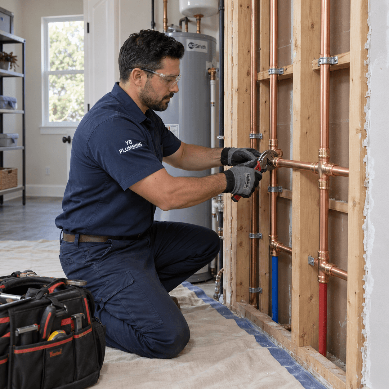YB Plumbing technician installing copper water supply pipes inside a residential wall