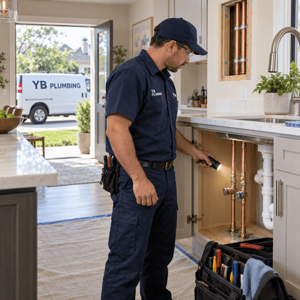 YB Plumbing technician inspecting residential water lines while diagnosing low water pressure when multiple fixtures run.