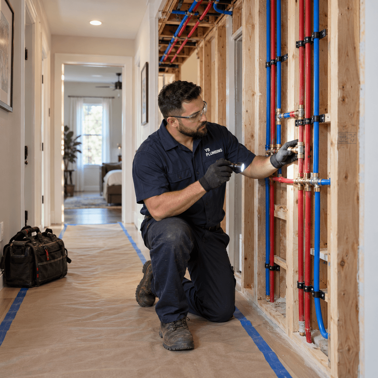YB Plumbing technician inspecting PEX water lines during whole house repiping