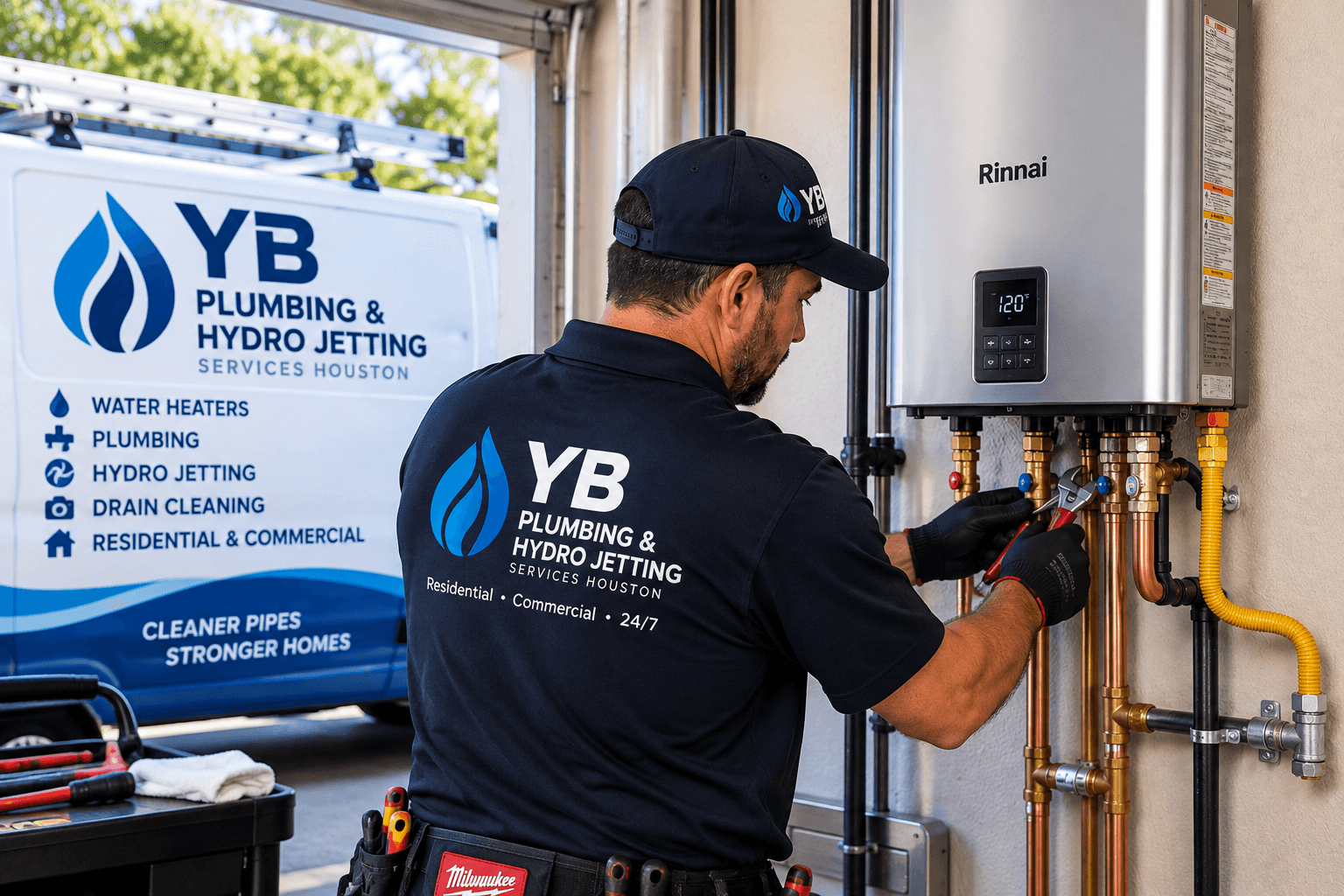 Tankless water heater replacement by YB Plumbing technician