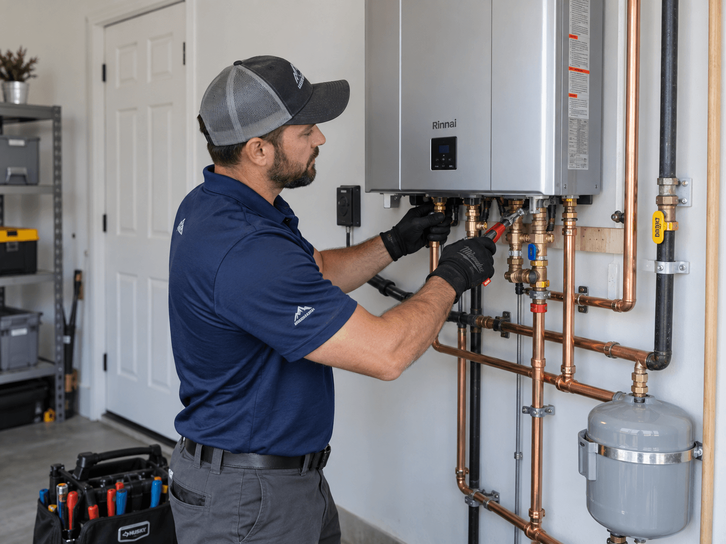 Plumber working on copper connections beneath a wall-mounted tankless water heater