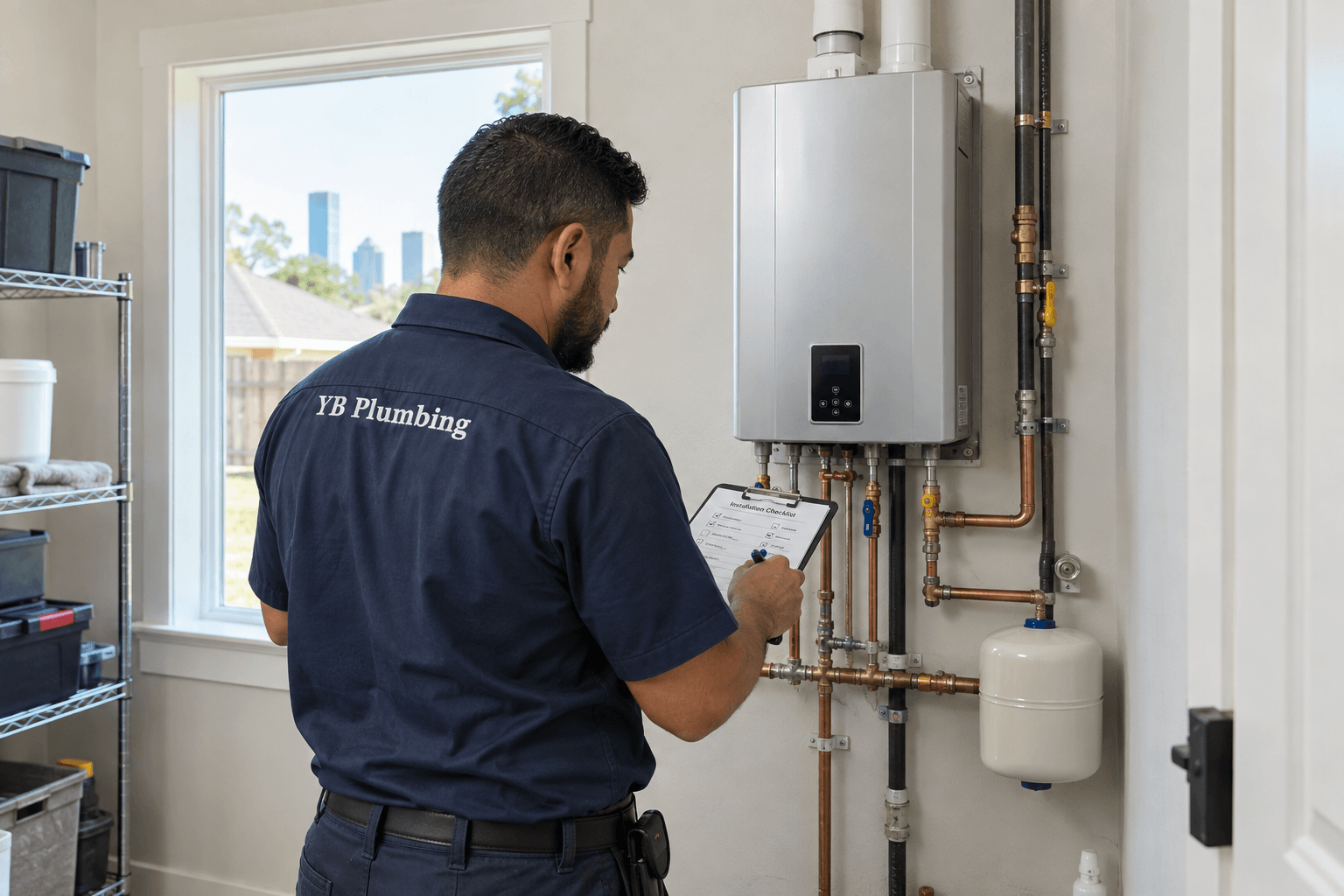 YB Plumbing technician checking a tankless water heater installation in a residential utility room.