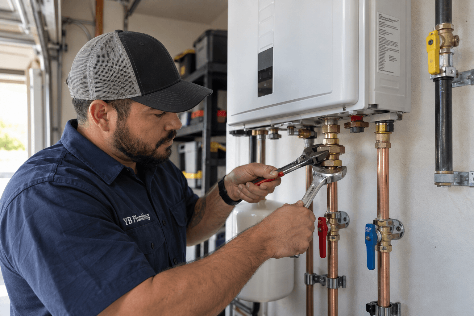 YB Plumbing technician connecting copper pipes during a tankless water heater installation.