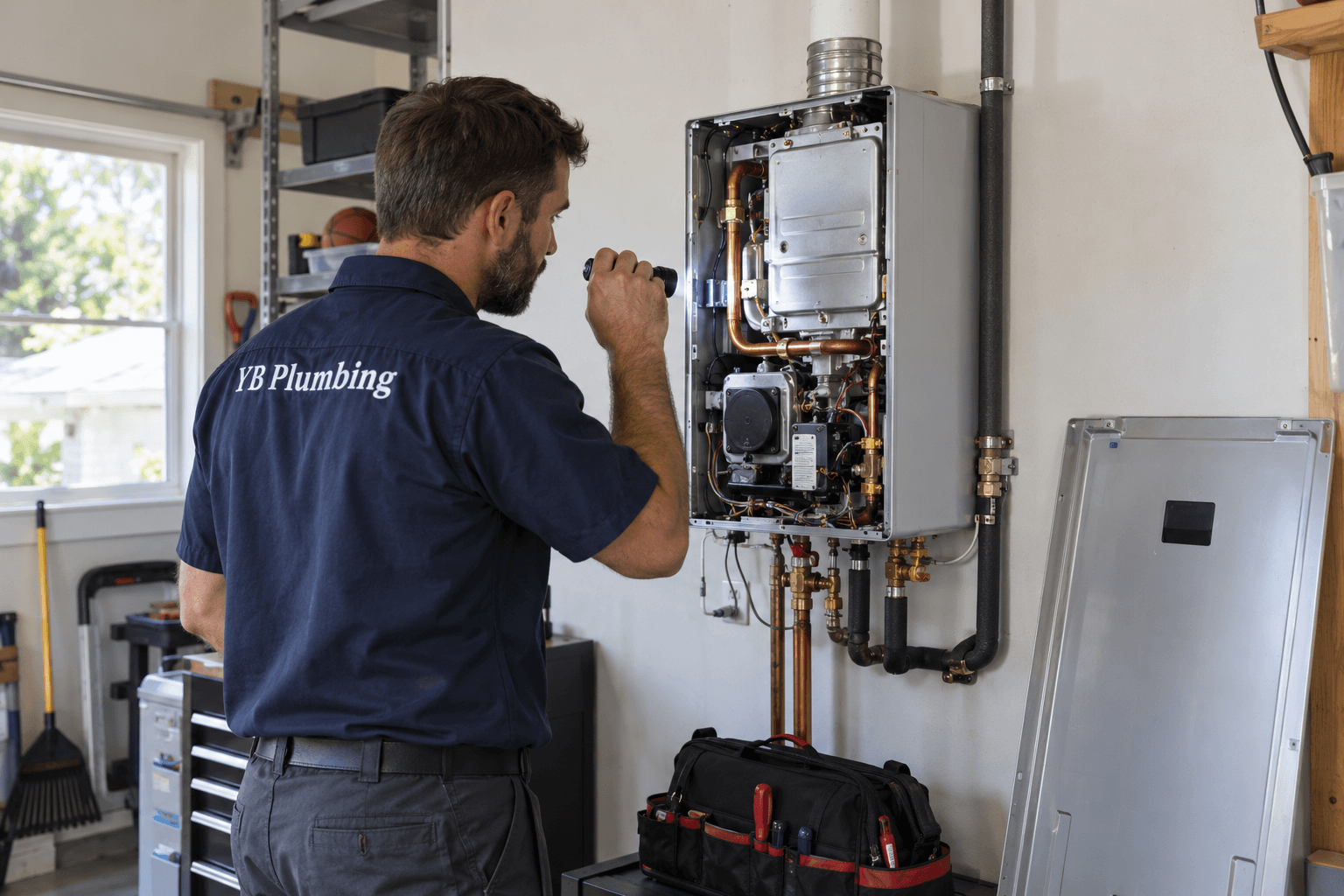 YB Plumbing technician inspecting the internal components of a tankless water heater with a flashlight.
