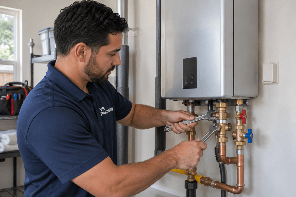 YB Plumbing technician servicing pipe connections beneath a tankless water heater.