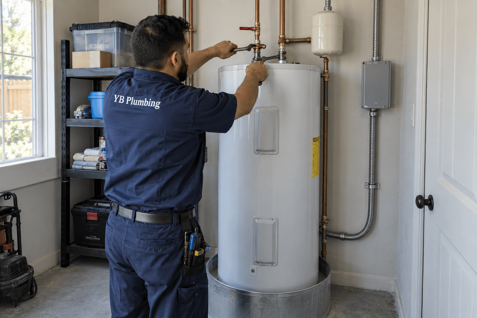 YB Plumbing technician connecting water pipes during an electric water heater installation.