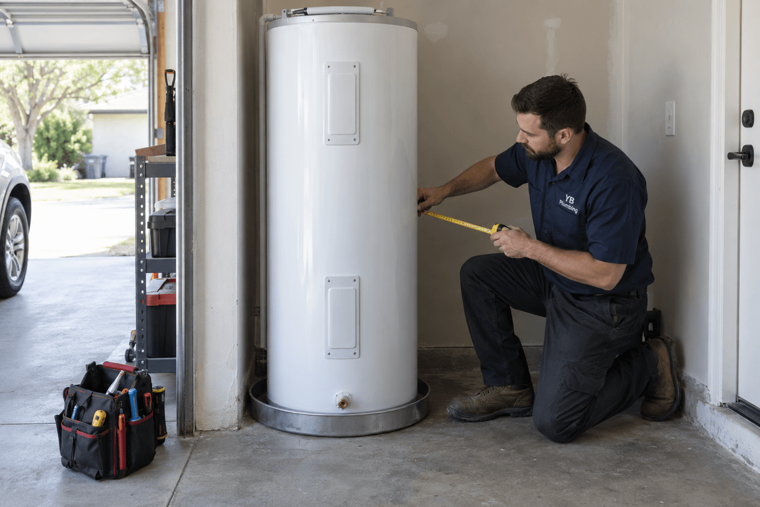 YB Plumbing technician measuring the space beside an electric water heater in a residential garage.