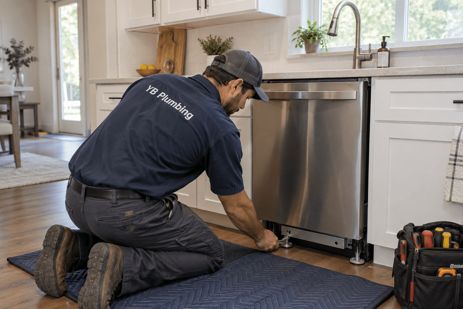 YB Plumbing technician adjusting a dishwasher’s leveling foot during installation in a home kitchen.