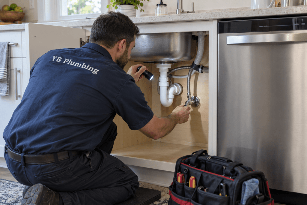 YB Plumbing technician inspecting the shutoff valves and water connections beneath a residential sink in Houston.