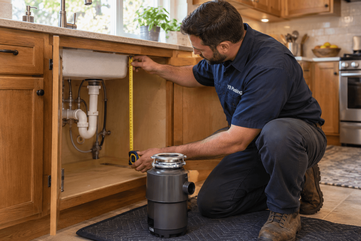 YB Plumbing technician measuring cabinet space beneath a kitchen sink before installing a garbage disposal.