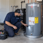 YB Plumbing technician inspecting a residential electric water heater with a flashlight.
