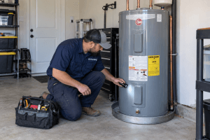 YB Plumbing technician inspecting a residential electric water heater with a flashlight.