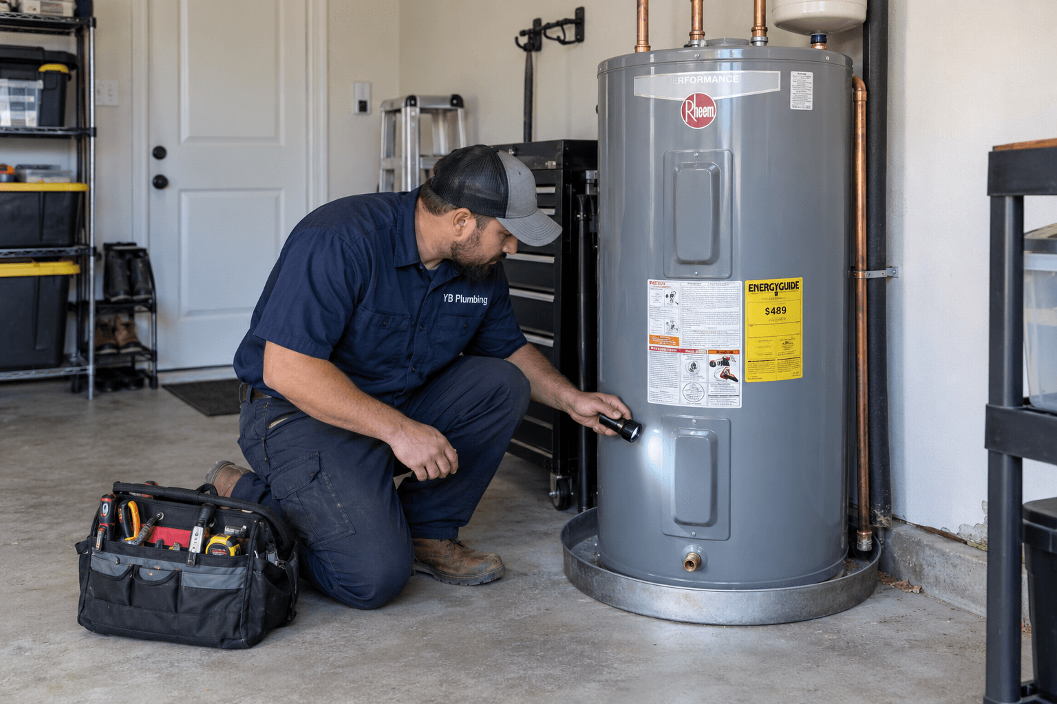 YB Plumbing technician inspecting a residential electric water heater with a flashlight.