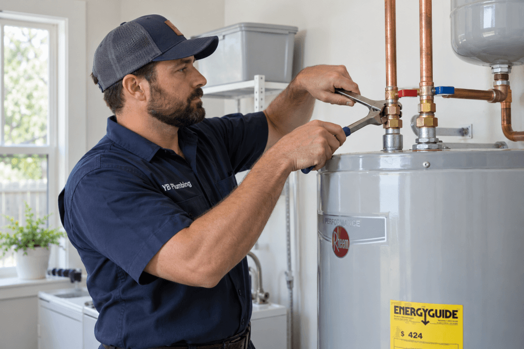 YB Plumbing technician checking water heater pipe connections while diagnosing delayed hot water in a Houston home.