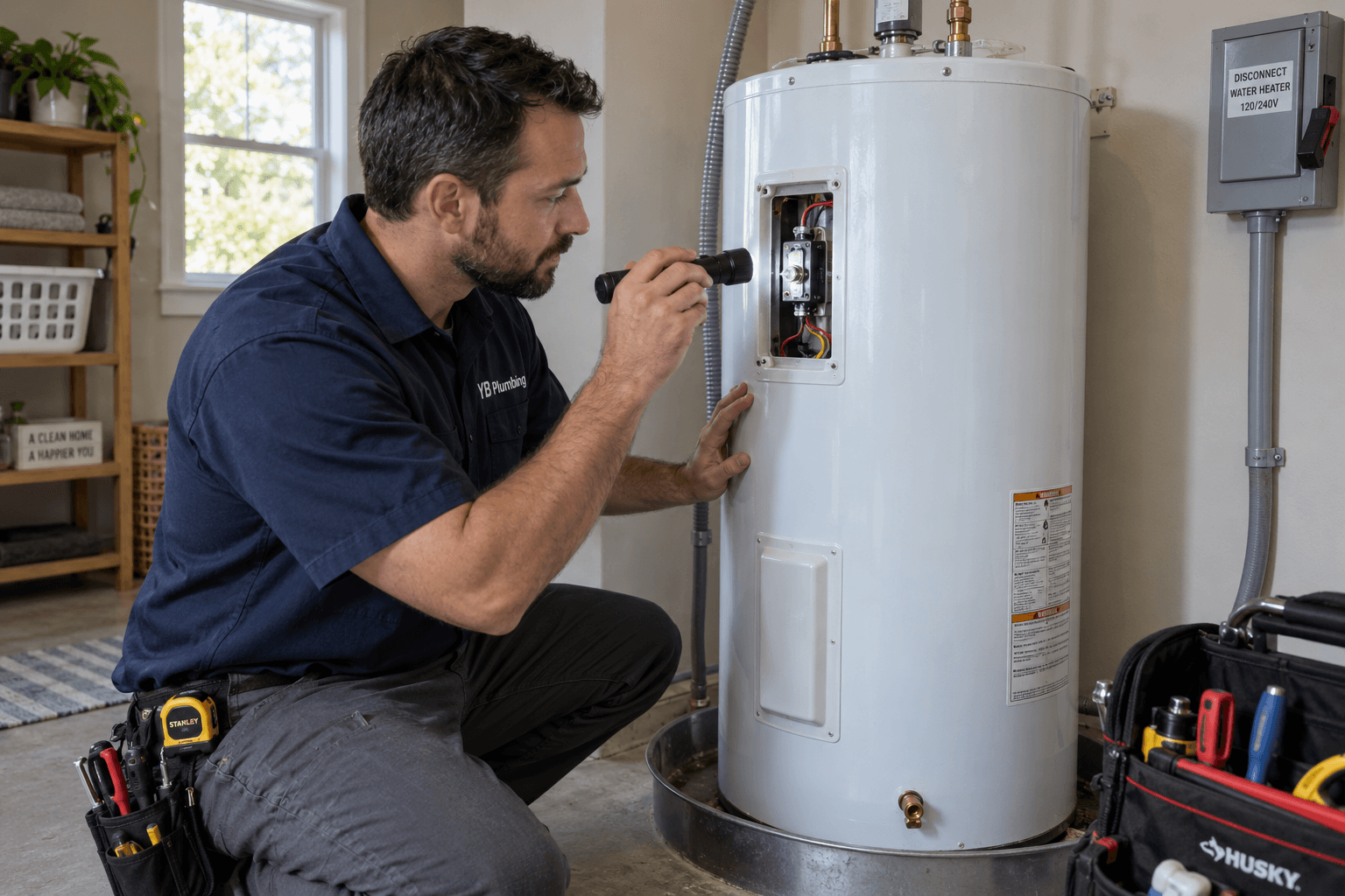 YB Plumbing technician inspecting an electric water heater’s thermostat compartment with a flashlight.