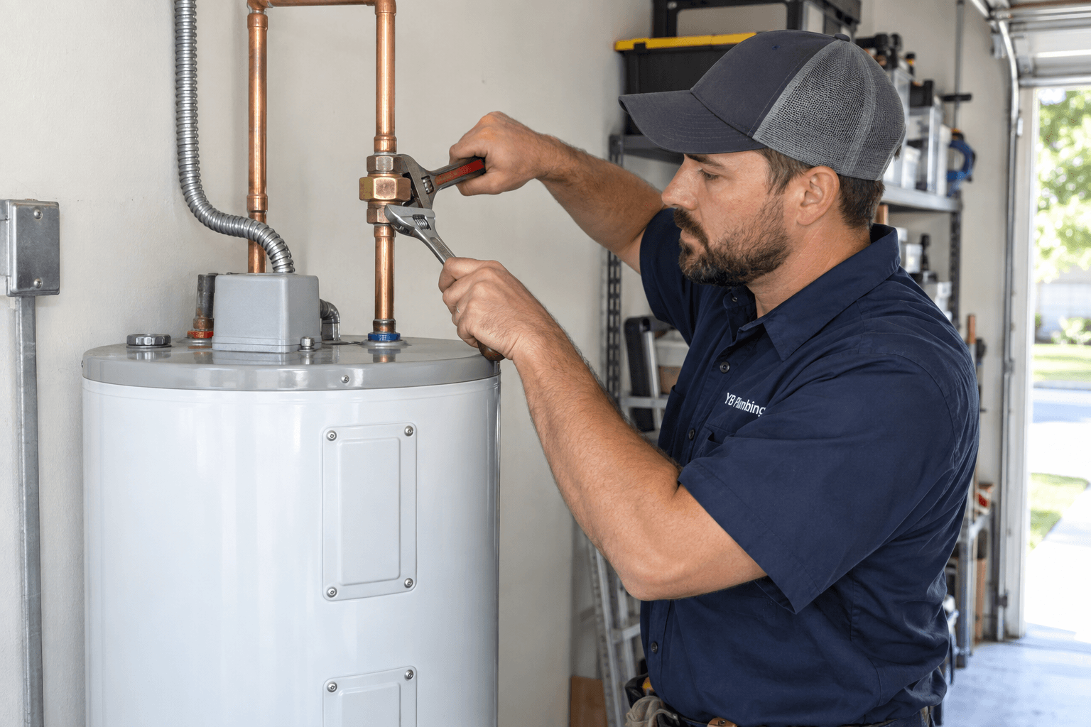 YB Plumbing technician using wrenches to service a pipe connection above an electric water heater.