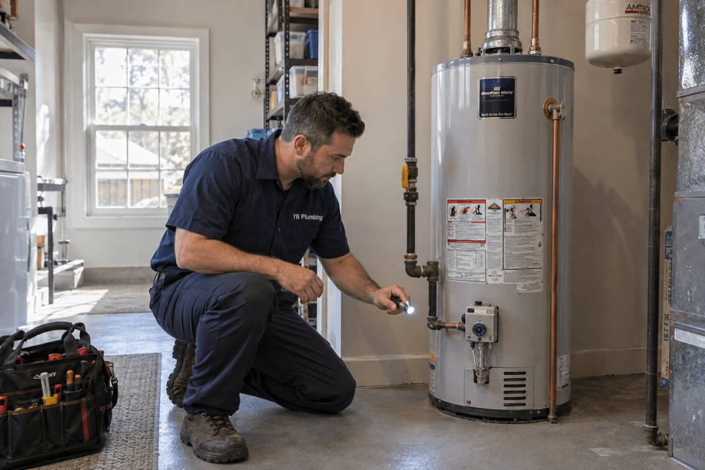 YB Plumbing technician inspecting a gas water heater’s control valve and connections with a flashlight.