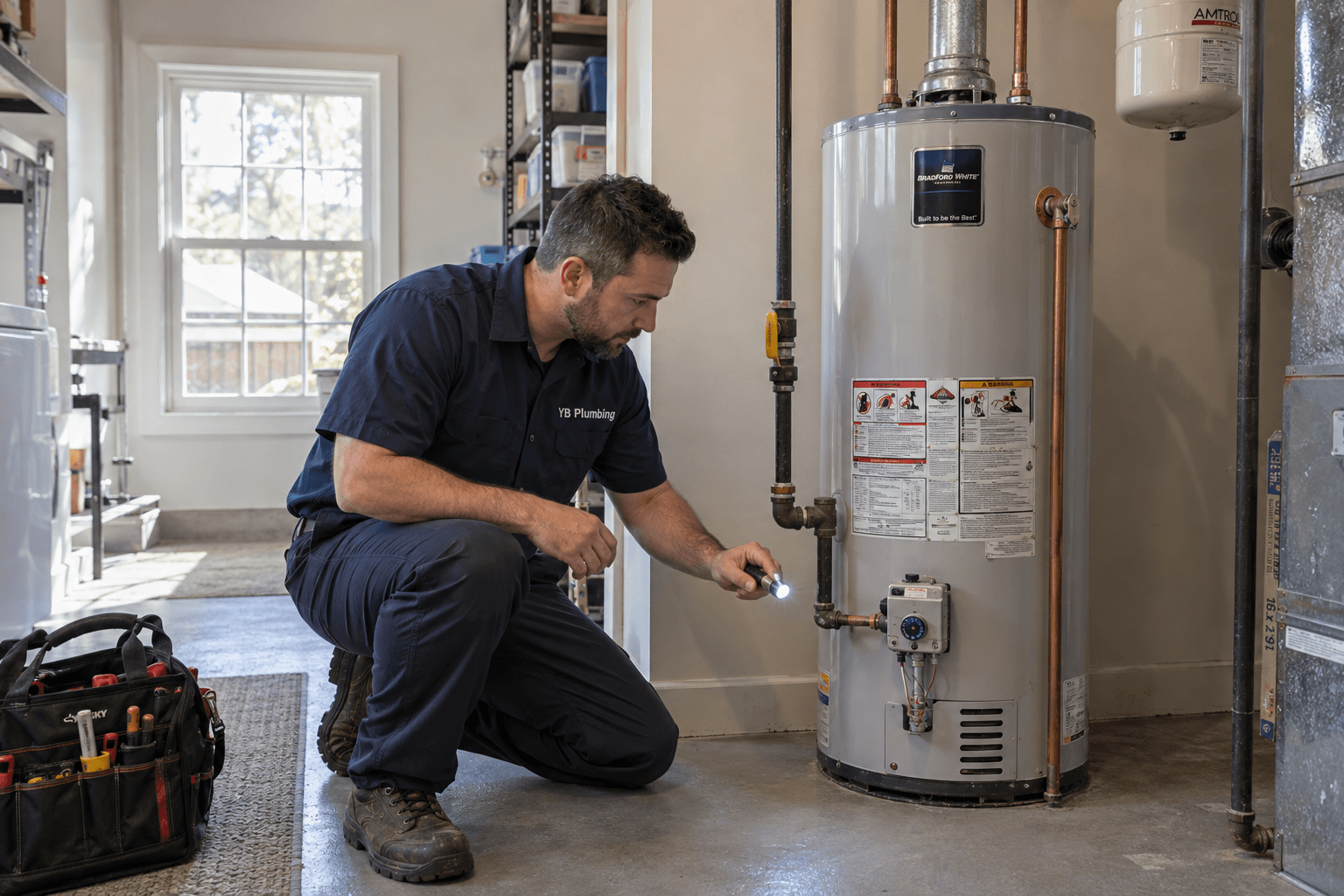 YB Plumbing technician inspecting a gas water heater’s control valve and connections with a flashlight.