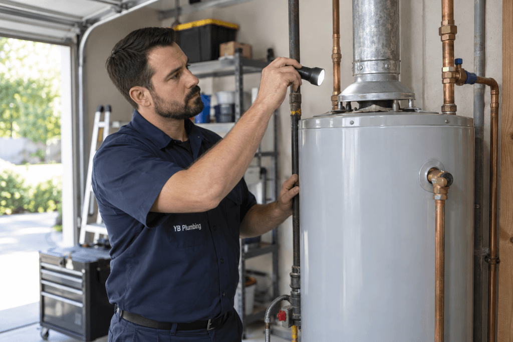 YB Plumbing technician inspecting the exhaust vent above a gas water heater with a flashlight.